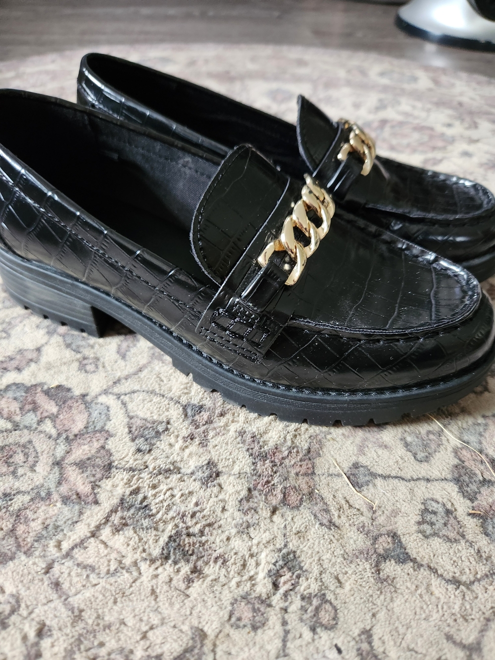 Old Navy Black Croc-Embossed Loafers with Gold Chain Accent